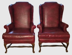 D - Vintage Faux Leather Wingback Chairs Pair