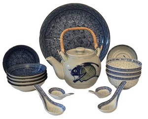 D - Japanese Chinese Teaware Set Fish Teapot Bowls & Spoons (Lot of 16)
