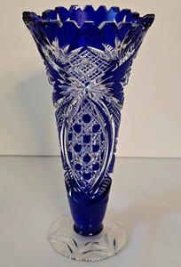 D - Vintage Bohemian Cobalt Cut to Clear Crystal Vase