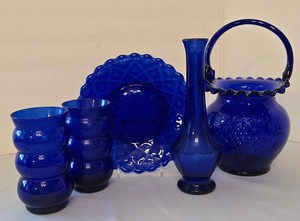 K - Vintage Cobalt Blue Glass Mixed Lot including a Pair of Vintage Louie Glass Company Harpo Cobalt Blue Tumblers
