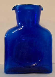 K Vintage Blenko Cobalt Blue Hand Blown Glass Water Bottle Vase, Double Spout