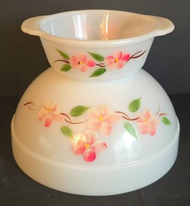 K - Vintage Fire King Hand Painted Milk Glass Bowls Floral (Lot of 2)