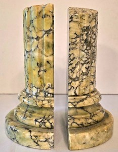K - Vintage Marble Bookends Pair Green Veined Stone