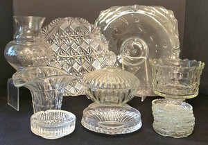 K - Vintage Mixed Lot of 13 Cut Glass Vanity Tray, Vases, Candy Dish, Ashtrays & Coasters