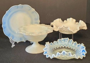 K -Vintage Opalescent Glass Ruffled Dishes & Milk Glass  (Lot of 4)