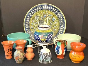 K - Pottery Mixed Lot Fields Marketplace Mugs, Plate, Bell, Vases & Pitchers