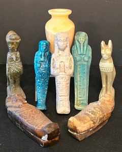 D - Egyptian Revival Stone Figures & Onyx Marble Vase Mixed Lot of 8