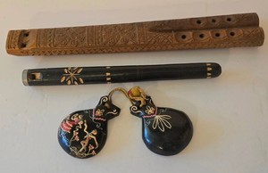 D - Balkan Folk Instruments Mixed Lot Dvojnice Bamboo Flute Castanets