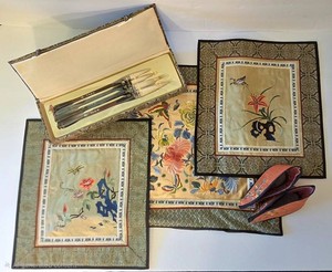 D - Vintage Asian Textiles, Chinese Calligraphy Brushes & Childrens Lotus Shoes Mixed Lot