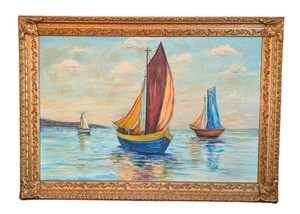DR - Vintage Oil Painting Anastasia Day Sailboat Scene Ornate Frame