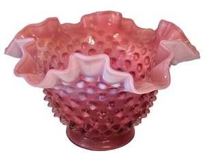D - Vintage Fenton Cranberry Opalescent Hobnail Bowl