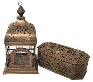 K - Metal Bird House & Vintage Brass Cricket Cage or Potpourri Box