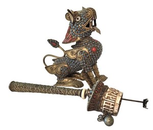 D - Antique Brass Fu Dog Incense Burner & Tibetan Prayer Wheel