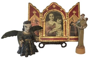 D - Religious Folk Art Mixed Lot - Fold-Out Shrine, Angel & Saint Figure