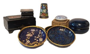 K - Vintage Asian Cloisonn Vase, Lacquerware Boxes, Porcelain Pot & Dishes Mixed Lot