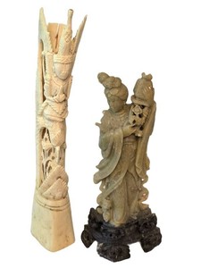 D - Figural Carvings Balinese Deity Cowbone & Chinese Soapstone Mixed Lot