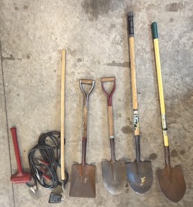 Lot of Shovels, Hoe & Jumper Cables