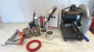 Lot of Miscellaneous SealantGlueGrease & Chop Saw