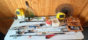 Lot of Fishing Rods, Nets, Lures, Line & Supplies