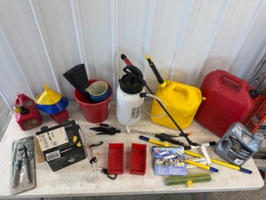Lot of Gas Cans, Sprayer, Oil Funnels, Utility Pump, Aqua Blade