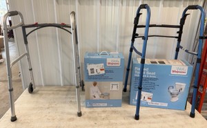 Lot of 2 Walkers, Raised Toilet Seat wArms & Shower Bench