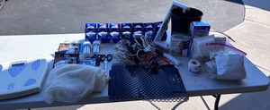 Lot of Home Goods Garbage Can, Extension Cords, Sink Mats, Laundry Bag, Scale & Other Miscellaneous