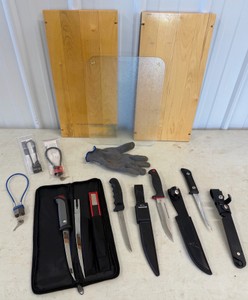 Lot of Fishing Fillet Knives, Cutting Boards & Gun Locks