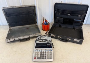 Lot of Office Supplies Calculator, Briefcases & Garage Utensil Organizer