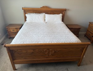 Antique King Bed with Mattress, Two Nightstands and Comforter