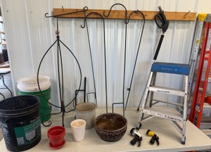Lot of Garden Supplies Shepherd Hooks, Pots, Spray Nozzles & Other Miscellaneous Items