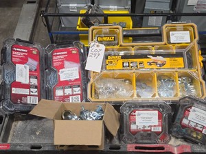 BIG LOT MISC. HARDWARE AND RUBBERMAID ROLLING SHOPCART