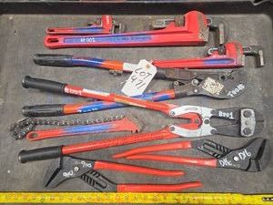 LARGE PIPE WRENCHES, TONGUE &amp GROOVE PLYERS, AND CHAIN WRENCH