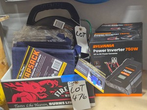 2 NEW IN BOX POWER INVERTERS, MULTIPLE NEW CANVAS TOOL APRONS, AND NEW FISH WIRE REEL