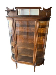 Rare Antique (Early 1900s) Skandia Furniture Company (Rockford, Illinois) Tiger Oak Bow-Front Curio  China Cabinet (69 T x 45 W x 14 D) with Signed Craftsmans Tag & Working Lock and Key