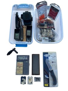 Hunting Accessories Lot including New Sheffield Kenai Curve Knife, Turkey Callers, Buck Caller, Predator Two Electronic Game Caller, and More