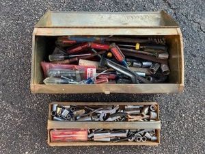 Vintage Union Tombstone Metal Toolbox Loaded with Tools