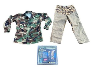 Hunter Safety System Treestalker (Size LXL) Tree Stand Safety Harness (New), Game Winner Camo Pants, and Long Sleeve Military Camo Shirt (Size Large)