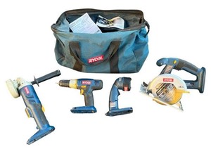 RYOBI 18V Tool Lot - Angle Grinder  5.5 Circular Saw  Cordless Drill  Work Light and Bag