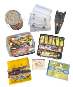 Huge Fishing Tackle Lot - Vintage and New Lures, Knives, New Fly Fishing Starter Kit, Vintage Metal Minnow Bucket, and More