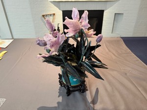 Vintage Chinese Amethyst and Jade Floral Display with Stand