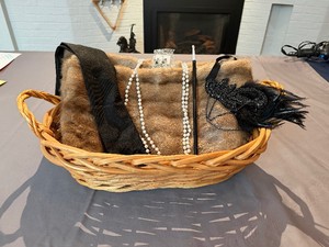 Mink Fur Stole, Great Gatsby Themed Gloves, Pearl Necklace, Earrings, Headband and Faux Long Cigarette in Wicker Basket