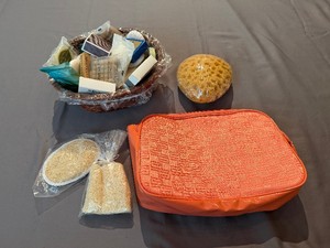 Collection of Soaps, Large Makeup Bag, Sponge, Loofahs