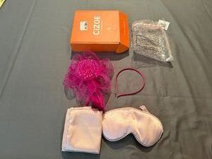 New Pink Floral Hat with Headband, Silk Pillowcase and Silk Sleep Mask