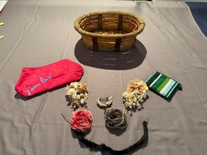 Vintage Black and Red Fur Pins, Black Fur Choker, Pearl Ponytail Holder, Pink Lancome Bag and Green Beaded Bag, Two Corsages in Basket