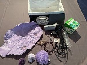 CONAIR ION Shine Hair Drier, Eyelash Curler, New Hairbrush, Cameo Hair Barette, Bathtub Pillow, Candle, Loofa, Lavendar Bath Fizz in Handy Lined Storage Basket