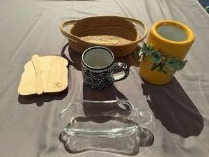 Bread Shaped Cheese Board, Beautiful Los Cabos Cup, Glass Sweet Corn Holder, Decorative Ceramic Vase and Woven Basket