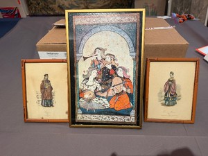 Vintage Lithographic Art Prints Chinese Mandarin and Chinese Mandarin Wife with Persian Painting Musical Ensemble