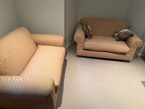 Two Matching Cream Striped Loveseats - Feet have Wheels, includes Victorian Tapestry Pillows