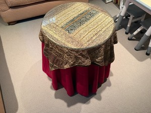 Small Round Wood Table with Glass Topper and Table Covers 20 Diameter 26 Tall