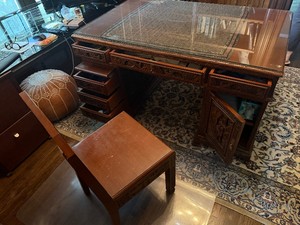 Beautiful Vintage Wood Carved Chinese Desk and Chair 53.5  x 33.5 x 30 Tall includes Glass Topper and Keys for Lock